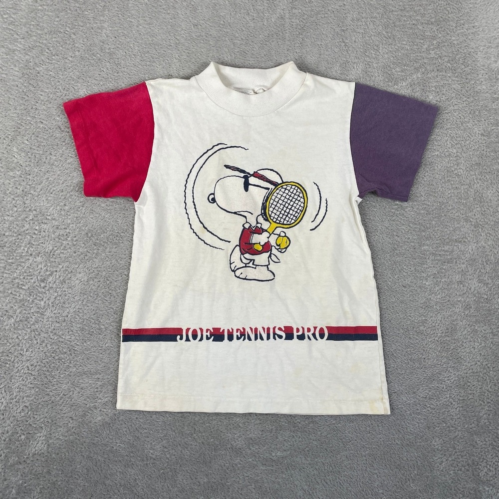 Vintage Snoopy Peanuts Joe Tennis Pro Shirt Kids Size 7 White Colorblock 80s